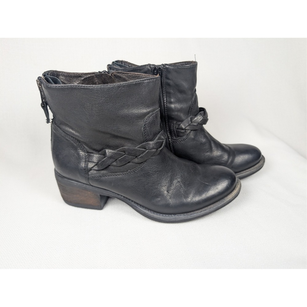 Minelli Black Leather Braided Ankle Boots Womens 37 Handcrafted Zip Up Moto Boot
